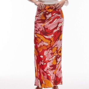 Topshop Tall Size US 4 Floral Tropical Orange Pink Red Satin Maxi Skirt